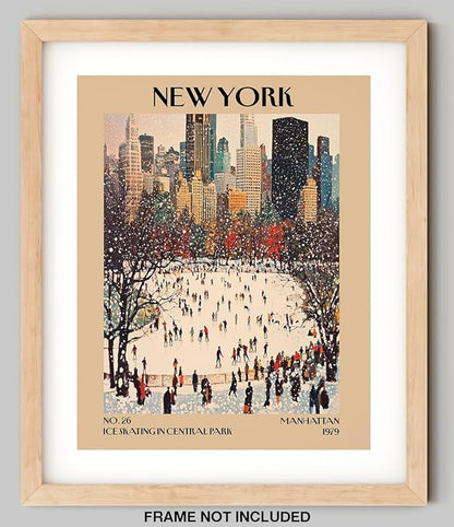 Retro Vintage New York Wall Art Print - 11x14 Unframed Poster - New York City Souvenirs, Cute Trendy Colorful Wall Decor (Ice Skating in Central Park, 11x14")