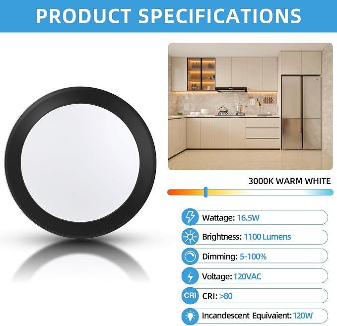 ECOELER 5/6 Inch Dimmable LED Disk Lights, 16.5W Recessed Retrofit Ceiling Downlight, 1100lm 3000K Warm White, Low Profile Flush Mount Disk Light for J-Box or Recessed Can, ETL-Listed, Black, 12 Pack