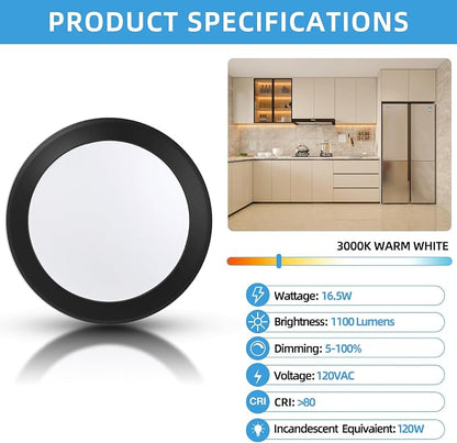ECOELER 5/6 Inch Dimmable LED Disk Lights, 16.5W Recessed Retrofit Ceiling Downlight, 1100lm 3000K Warm White, Low Profile Flush Mount Disk Light for J-Box or Recessed Can, ETL-Listed, Black, 12 Pack