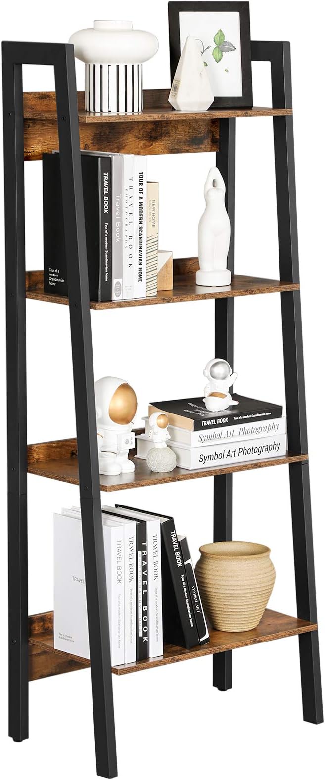 VASAGLE Bookshelf, 4-Tier Bookcase, Ladder Shelf for Home Office, Living Room, Bedroom, Kitchen, Rustic Brown and Ink Black ULLS054X01