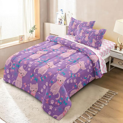 5 Piece Girls Cat Comforter Set Full Size Bed in A Bag Pink Cute Cartoon Cats Bedding Set for Kids Teens (1 Comforter, 1 Flat Sheet, 1 Fitted Sheet, 2 Pillowcases), Purple Pink
