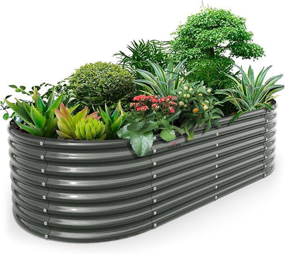 A ANLEOLIFE 8x4x2ft Galvanized Raised Garden Bed Kit, Oval Metal Deep Root Planters for Outdoor Plants Vegetables Flowers Herb, Large Bottomless, 478 Gallon Capacity- Quartz Grey