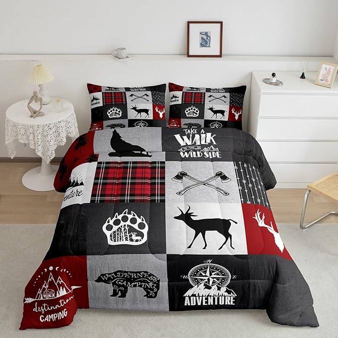 Deer Antler Bear Kids Comforter Set King Size,Plaids Boho Arrows Patchwork Bedding Set for Boys Girls Adults Room Decor,Rustic Adventure Camper Down Comforter,Red Xmas Duvet Insert,2 Pillowcases