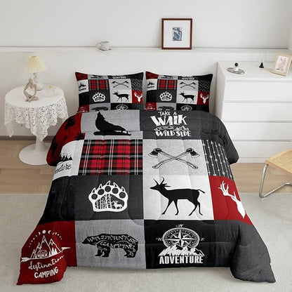 Deer Antler Bear Kids Comforter Set Full Size,Plaids Boho Arrows Patchwork Bedding Set for Boys Girls Adults Room Decor,Rustic Adventure Camper Down Comforter,Red Xmas Duvet Insert,2 Pillowcases