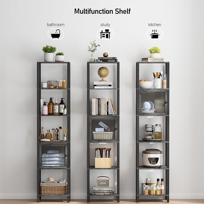 TUTOTAK 6 Tier Bookcase and Bookshelf, Narrow Book shelf with Door for Small Space, for Living Room, Office, Study, Entryway, Charcoal Grey BS03BY006