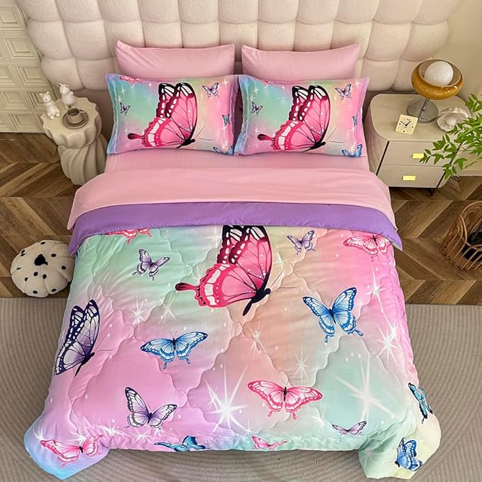 Girls Butterfly Comforter Set Bed in A Bag Twin Size 7 Piece 3D Purple Bedding Comforter Bed Set with Pillow Shams, Flat Sheet, Fitted Sheet, Pillowcases All Season