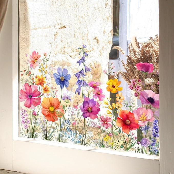 Colorful Flower Garden Window Clings, Wildflower Grass Lily Peony Poppy Floral Window Decals