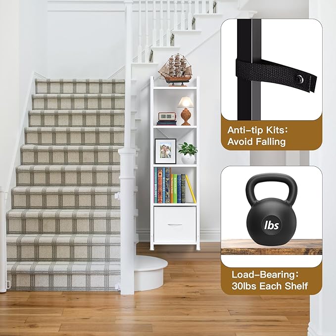Narrow-Bookshelf-With-Storage-Drawer, 5-Tier Small Standing Book Shelf Organizer For Small Space, Tall Thin Bookcase Shelf For Bedroom Living Room Office, Wooden Shelving Unit Rack For Display