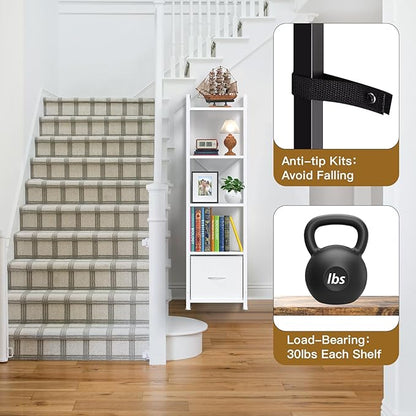 Narrow-Bookshelf-With-Storage-Drawer, 5-Tier Small Standing Book Shelf Organizer For Small Space, Tall Thin Bookcase Shelf For Bedroom Living Room Office, Wooden Shelving Unit Rack For Display
