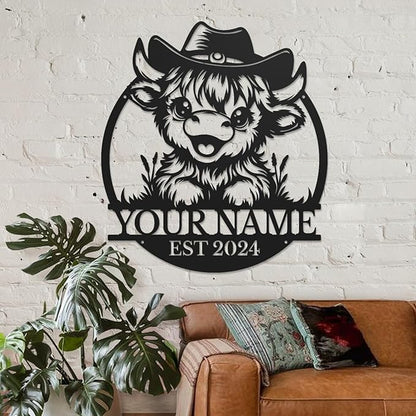 Personalized Highland Cow Name metal Signs,Custom Highland Cow Metal Shed Wall Decor,Black Metal Wall Art Plaques Outdoor wall Decorative Signage (Style A)