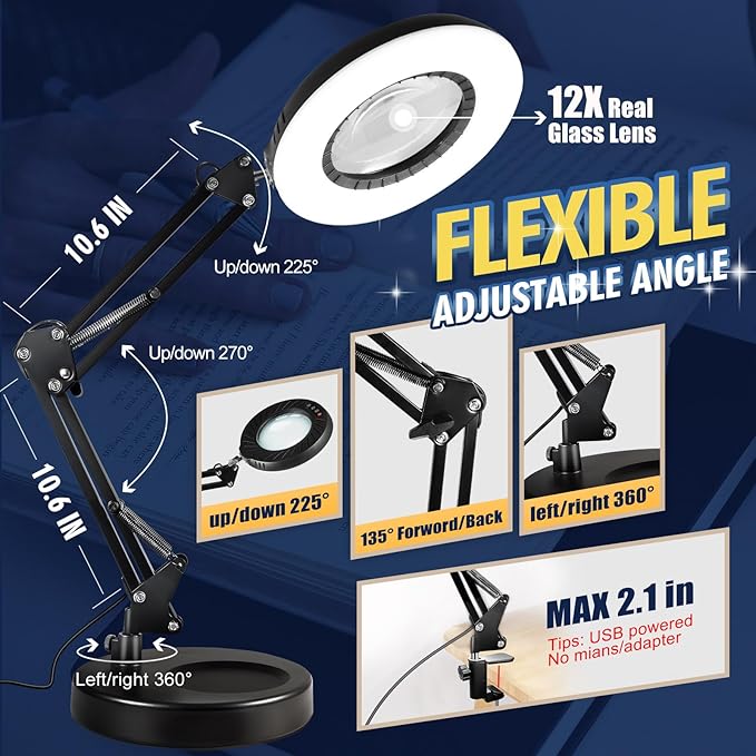 12X Magnifying Glass with Light and Stand, 144 LEDs Brightest Magnifying Lamp, 10 Dimmable Brightness 5 Modes, Hands Free Metal Desk Lamp for Craft Reading Painting Hobby Close Work