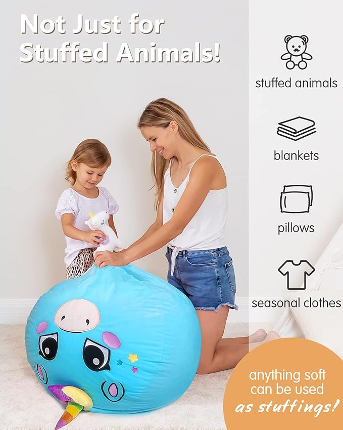 Aubliss Stuffed Animal Storage, Velvet Bean Bag Chairs Cover, Large 32" Ultra Soft Kids Toy Storage Organizer for Blankets Towels Clothes, Blue Big Eyes