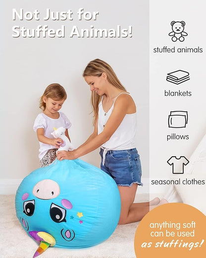 Aubliss Stuffed Animal Storage, Velvet Bean Bag Chairs Cover, Large 32" Ultra Soft Kids Toy Storage Organizer for Blankets Towels Clothes, Blue Big Eyes