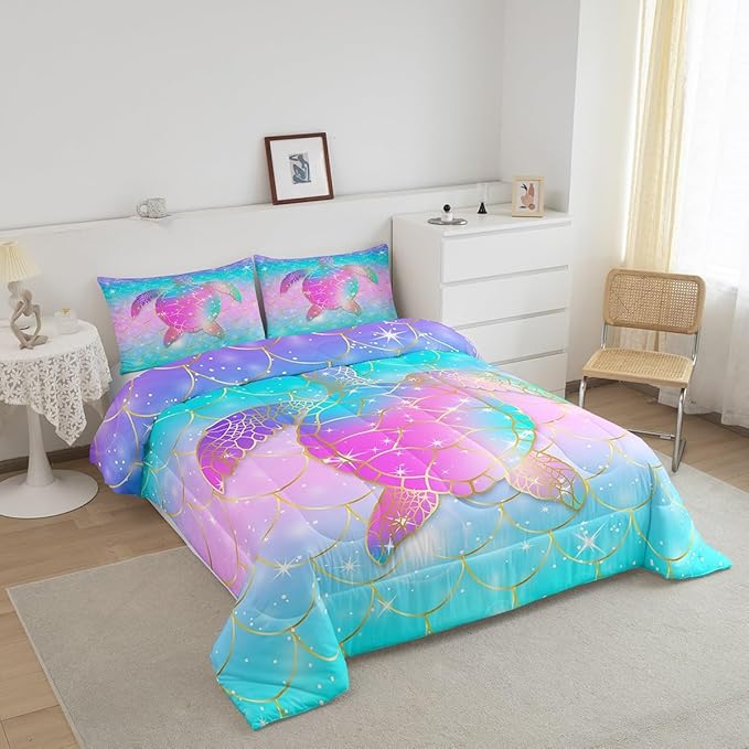 Erosebridal Mermaid Scales Comforter Set for Girls, Tortoise Reptile Bedding Set Full Size, Sea Turtle Ocean Life Duvet Sets for Kids Children Boys Women, Sweet Girly Down Comforter, Teal Blue
