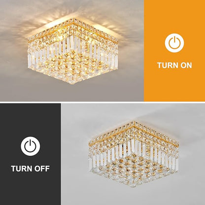 4-Light Gold Crystal Chandeliers Flush Mount Chandelier Light Fixture with K9 Crystals Modern Ceiling Lights Elegant Square Lamp for Bedroom,Hallway,Bar,Living Room,Dining Room,H5.9 xW13.7