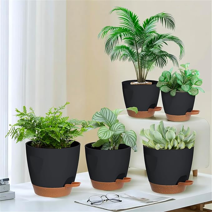5-Pack Plant Pots with Drainage for Winter Care 7/6.5/6/5.5/5 Inch, Self Watering Pots for Indoor Plants, Planters for Indoor Outdoor Plants, Plastic Flower Pot, Planter for Indoor Outdoor (Black)