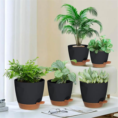 5-Pack Plant Pots with Drainage for Winter Care 7/6.5/6/5.5/5 Inch, Self Watering Pots for Indoor Plants, Planters for Indoor Outdoor Plants, Plastic Flower Pot, Planter for Indoor Outdoor (Black)