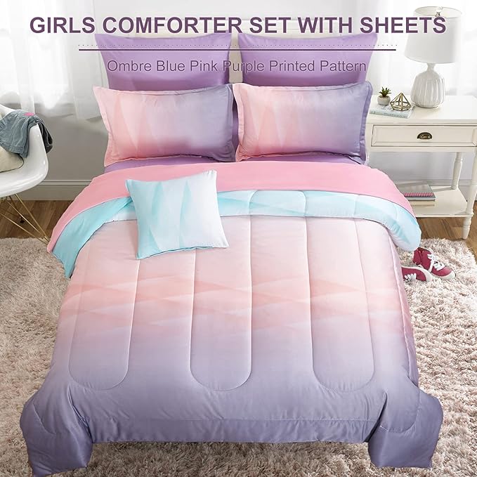 Girls Comforter Set Twin Size Colorful Ombre Blue Pink Purple Rainbow Bedding Set 6 Pieces Bed in A Bag for Kid Teen (1 Comforter, 1 Flat Sheet, 1 Fitted Sheet, 1 Pillow sham, 2 Pillowcases)