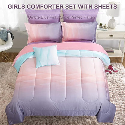 Girls Comforter Set Twin Size Colorful Ombre Blue Pink Purple Rainbow Bedding Set 6 Pieces Bed in A Bag for Kid Teen (1 Comforter, 1 Flat Sheet, 1 Fitted Sheet, 1 Pillow sham, 2 Pillowcases)