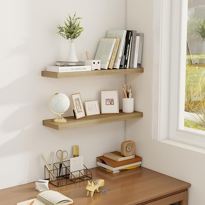 Fun Memories Floating Shelves for Wall, 24" Rustic Wood Deep Wall Mounted Shelves with Invisible Brackets for Decor & Storage, Floating Shelf for Living Room, Bathroom (Oak, Set of 2)