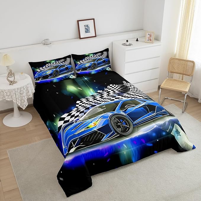 Feelyou Blue Racing Car Comforter Set King Size, Fast and Furious Extreme Sport Games Bedding Sets for Kids Boys Teens,Sports Car Bed in A Bag,Cool Modern Duvet Insert with 2 Pillowcases