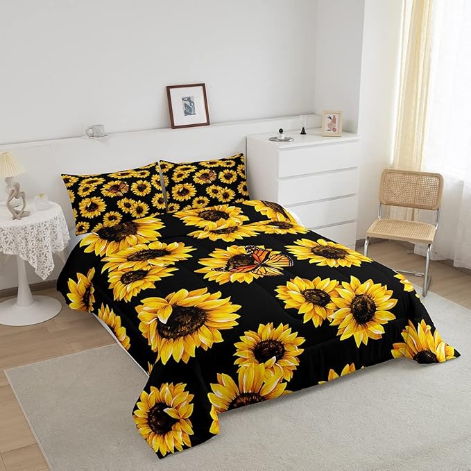 Feelyou Sunflower Bedding Set Girls Yellow Floral Butterfly Comforter Chic Flowers Pattern Comforter Set for Kids Teens Botanical Nature Duvet Set Ultra Soft Room Decor Queen Size…