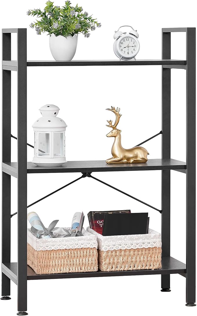 BEWISHOME 3 Tier Bookshelf, Modern Small Book Shelf for Small Spaces, Black Wooden Shelves for Bedroom Living Room and Home Office, 13.78" D x 24.12" W x 37.09" H, JCJ42B