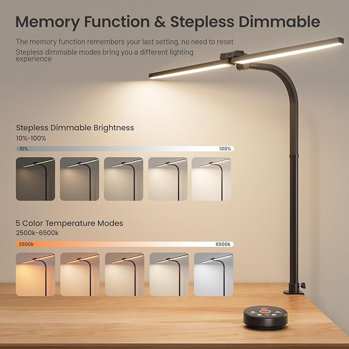 LED Desk Lamp, 24W Bright Architect Desk Lamp for Home Office, Clamp Desk Light with Adjustable Flexible Gooseneck & Remote Control, Eye Caring Table Light for Workbench Study Reading Drafting