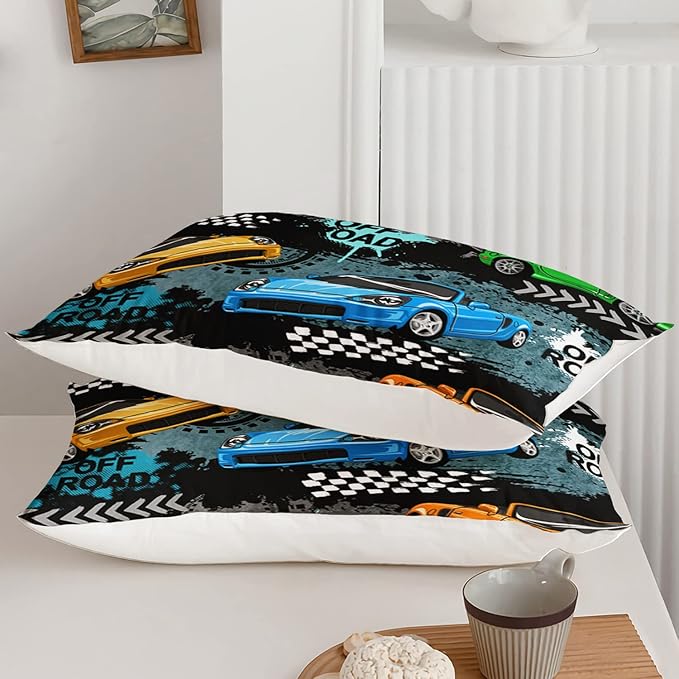 Axolotl Car Comforter Set Full Size,Cool Speed Race Car Comforter for Kids Boys Girls Teens Bedroom,Extreme Sport Quilt Duvet 1 Comforter 2 Pillowcase Car Racing Gifts,Blue Red Orange