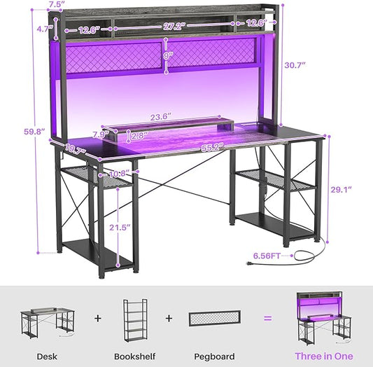 armocity 2024 Upgrade Gaming Desk with Hutch, 55.2'' Magic Computer Desk with LED and Outlets, Reversible Workstation Desk with Pegboard, Grey/Black