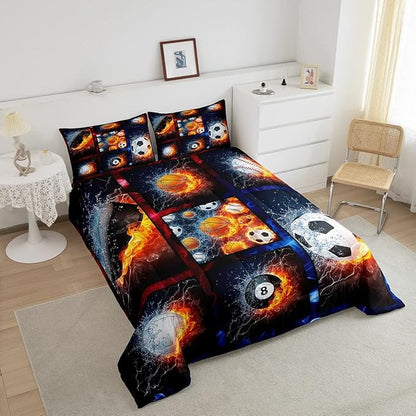 Sports Comforter Sets For Boys Queen,Teen Basketball Baseball Football Bedding Comforter Set For Men Volleyball Soccer Hockey Quilt Comforter,Red Blue Water And Fire Lightning Bed Duvet 2 Pillow Cases