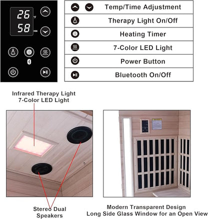 Far Infrared Home Sauna 1 Person, 1000W 110V Dry Indoor Sauna Okume Wood with 4 Heating Panels, Bluetooth Speaker, LED Lights and Glass Door, Room: 37.8 x 30.3 x 65.4 inches
