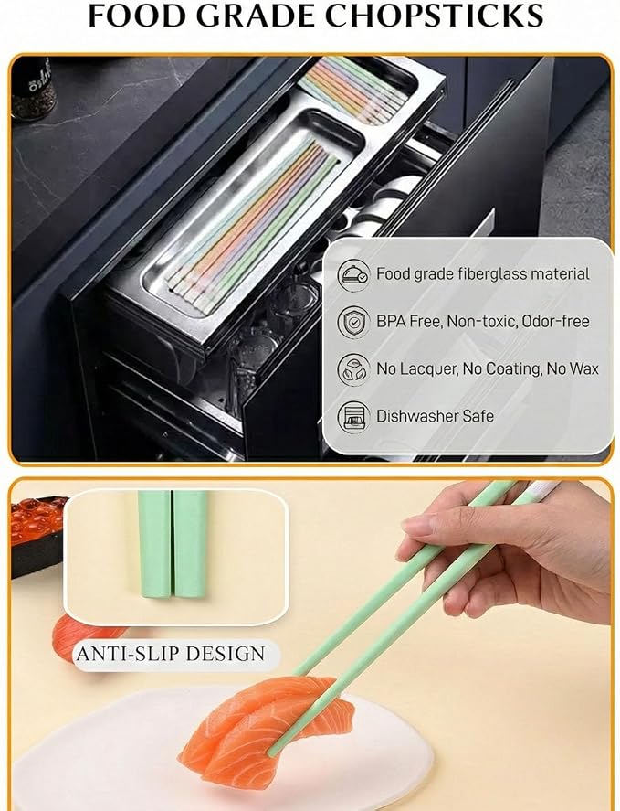 5 Pairs Reusable Training Chopsticks Set, Chopsticks Helpers Set for Beginner, 9.45 Inch Dishwasher Safe Fiberglass Japanese Chop sticks, Non-Slip, Easy to Use