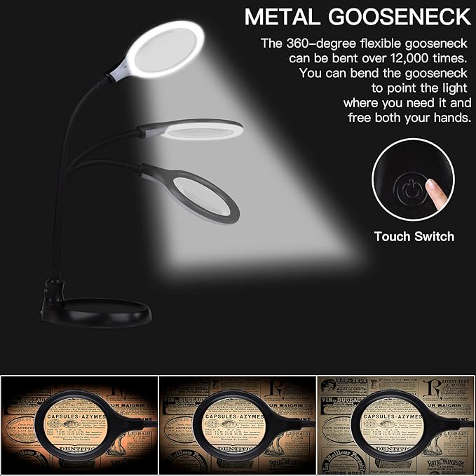 5X Magnifying Lamp, Lighted Magnifying Glass with Light and Stand Hands Free, Desk Magnifying Light, LED Magnifier Work Lamp for Reading, Crafts, Sewing, Hobbies.