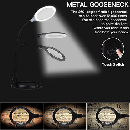 5X Magnifying Lamp, Lighted Magnifying Glass with Light and Stand Hands Free, Desk Magnifying Light, LED Magnifier Work Lamp for Reading, Crafts, Sewing, Hobbies.