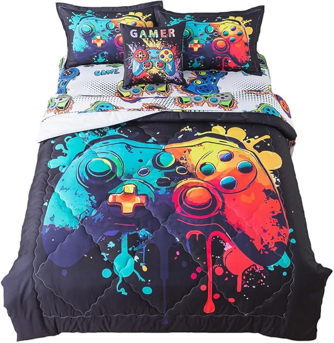 ADASMILE A & S Gamer Comforter Sets for Boys Teens 6 Pieces Gaming Bedding Set Full Size Colorful Video Game Gaming Comforter for Kids Gamer Bed in A Bag Comforter with Gamer Sheets Home Decor