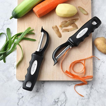 Spring Chef Swivel Vegetable Peeler with Soft Grip Handle, Set of 2, Black | Premium Potato Peeler w/ Ultra Sharp Stainless Steel Blades, Multifunctional Veggie Peeler for Apple, Carrot, Cucumber, Fruit