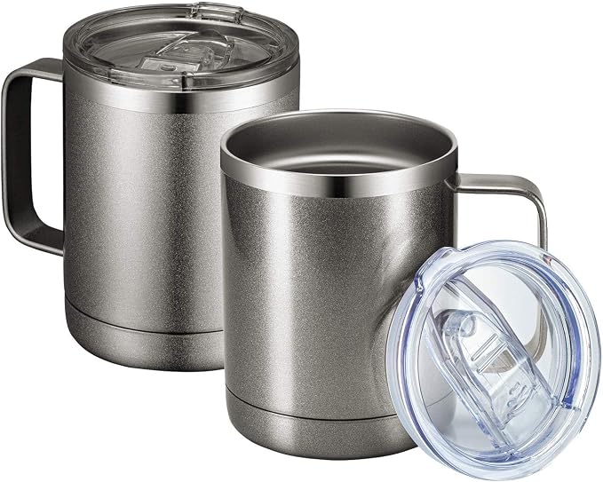 MEWAY 12oz Coffee Mug With Handle 2 Pack Bulk,Stainless Steel Insulated Travel Tumblers With Sliding Lid,Double Wall Vacuum Camping Cup for Hot & Cold Drinks Tea (Cold Grey,Set of 2)