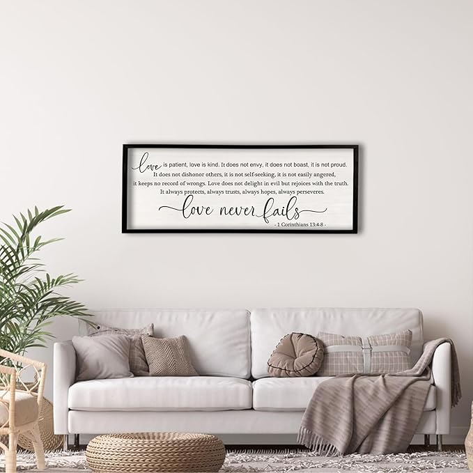 flowtorely Love is Patient, Kind Wall Art Decor 40"X15" Love Never Fails Sign 1 Corinthians 13 Bedroom Above Bed Large Bible Verse Quote Scripture Christianity Hanging Sign (Black)