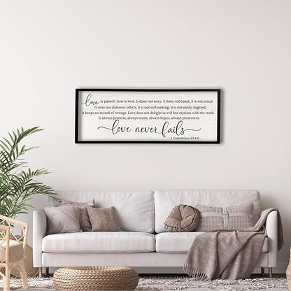 flowtorely Love is Patient, Kind Wall Art Decor 40"X15" Love Never Fails Sign 1 Corinthians 13 Bedroom Above Bed Large Bible Verse Quote Scripture Christianity Hanging Sign (Black)