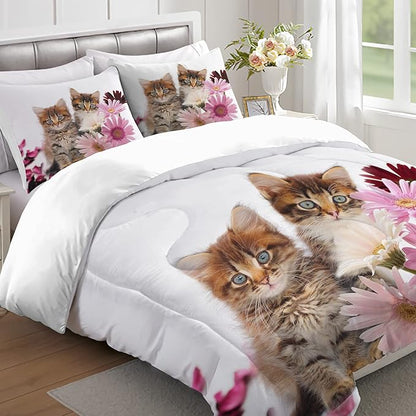 Cat Comforter Set Twin Size for Kids Pink Flowers Cats 3Pcs Bedding Set for boys and Girls (1Summer Comforter+ 2 Pillowcases) Lovely Animal Pets Duvet Set
