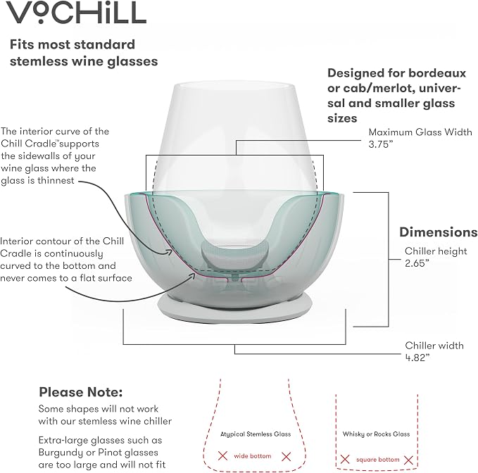 VoChill Stemless Wine Glass Chiller | Keep the Chill In Your Glass | Made In USA | Separable & Refreezable Chill Cradle | Actively Chills Stemless Glassware | Stone, Pair Stemless