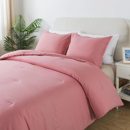 Pink Comforter Set Twin Size, Solid Blush Women Girls Pink Down Alternative Boho Bedding Comforter Set, Breathable Fluffy Microfiber Comforter (68"x90") for All Seasons with Pillowcase