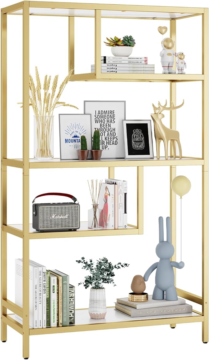 HOME BI Geometric Bookshelf, Tall Modern Etagere Bookcase, Industrial Metal Book Shelf with 5 Open Display Shelves for Office Living Room, Gold and White