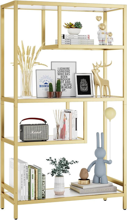 HOME BI Geometric Bookshelf, Tall Modern Etagere Bookcase, Industrial Metal Book Shelf with 5 Open Display Shelves for Office Living Room, Gold and White