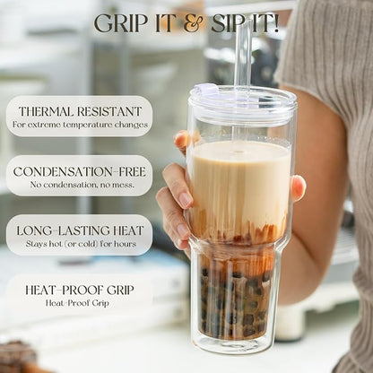 KEMORELA 28 oz Double Wall Glass Tumblers Set of 2, Extra-Wide 13mm Reusable Drinking Straws, Boba Tumbler, Wide-Mouth Water Cups for Iced Coffee, Smoothies, Boba & Tea Lovers (Clear)