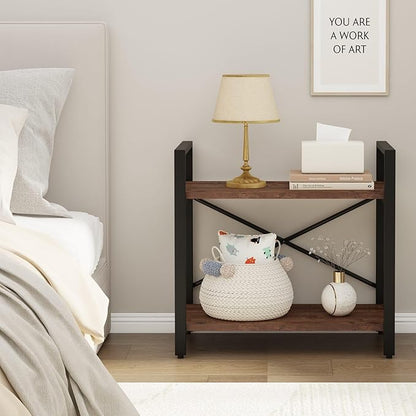 BON AUGURE Small Short Bookshelf, Wood 2 Shelf Etagere Bookcase, Metal Low Book Shelf for Small Spaces Living Room, Bedroom, Office (Rustic Oak)