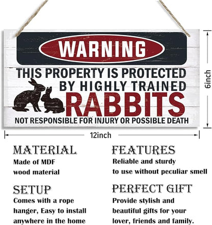 Funny Warning Signs, The Property is Protected By Highly Trained Rabbits Sign, Decorative Wood Hanging Wood Plaque, Rabbit Warning Decor Outdoor, Farm Decor, Rustic Home Decor for Front Door