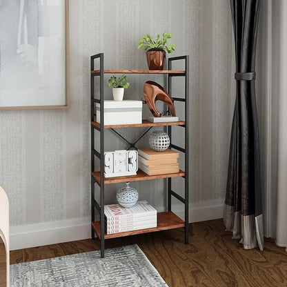 4 Tier Industrial Book Shelf,Modern Small Book Case for Books, Garage Kit, CDs, Movies, Standing BookShelves Display Rack for Bedroom/Living Room/Home Office - Rustic Brown Wood Bookcase
