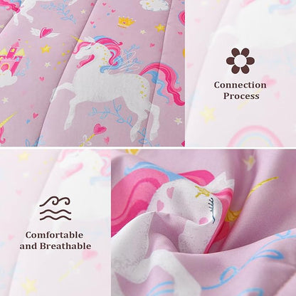 Queen Comforter Set for Girls, 7 Pieces Bed in a Bag with Shams, Sheet Set, Pink Unicorn Double Soft Microfiber Kids Comforter Bedding Set